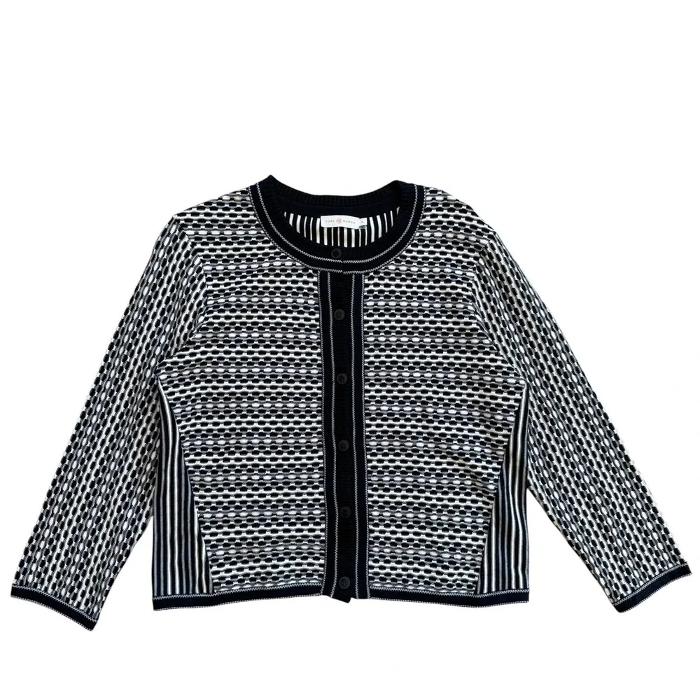 Tory Burch Black White Mixed‎ Pattern Knit Cardigan Sweater XL Cotton Blend Logo
